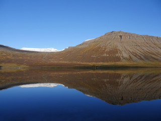 Spiegelung der Berge im Álftafjörður in den Westfjorden von Isla