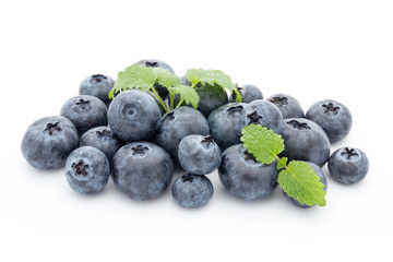 Close up of a blueberry branch isolated over white.
