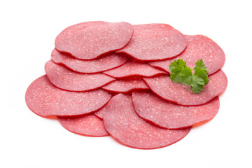 Obraz na płótnie Canvas Salami smoked sausage one slice isolated on white background cut