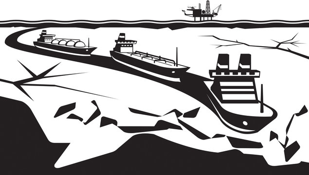 Icebreaker make way for industrial ships - vector illustration