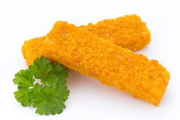 Fish fingers on the white background.
