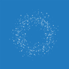 Beautiful snowfall. Small circle frame on blue background. Vector illustration.