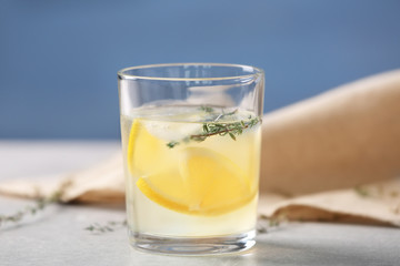 Glass of fresh lemonade, closeup