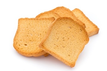 Slices of toast bread on wooden table, top view.
