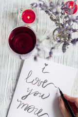 concept Valentine's Day love letter wooden background top view