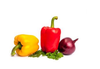 Sweet pepper, onion, tomato and basil leaves still life isolated on white background cutout