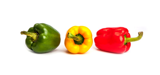Sweet pepper, onion, tomato and basil leaves still life isolated on white background cutout