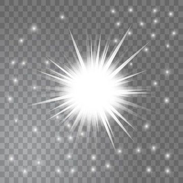 Bright glowing light sun burst and stars around it on transparent background. Glitter effect decoration with ray sparkles for your design. Vector illustration