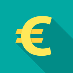 Euro icon with long shadow. Flat design style. Euro simple silhouette. Modern flat icon in stylish colors. Web site page and mobile app design vector element.