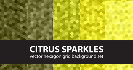Hexagon pattern set "Citrus Sparkles". Vector seamless backgrounds