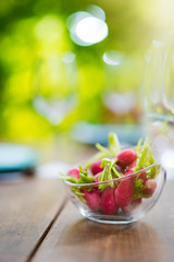 Closeup on a radish bowl on a terrace table