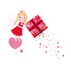 Cute fairy tale holding a gift box with hearts