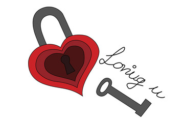 Illustration of red heart shaped lock with key and love massage