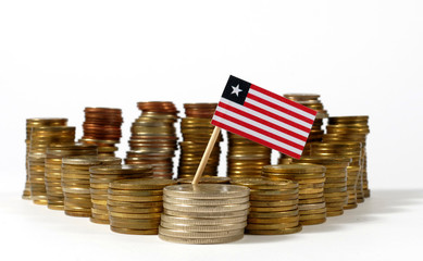 Liberia flag waving with stack of money coins