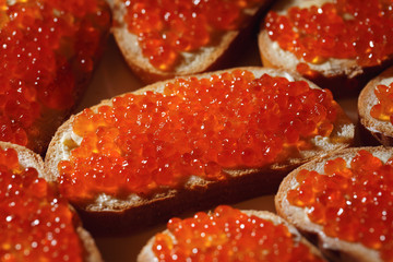 Background from sandwiches with caviar, close-up