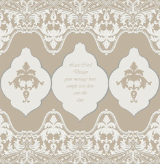 Vintage Delicate Lace Baroque card. Damask floral ornamented decor. Oriental style Luxury Invitation for wedding, greetings, events, celebration, anniversary. Save the Date. Nude color