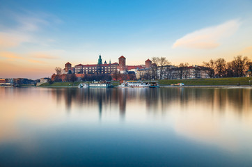 Fototapeta na wymiar Wawel Castle in the evening in Krakow, Poland. Long time exposure