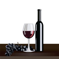 Bottle and Glass of Red wine with grapes isolated on white background Vector