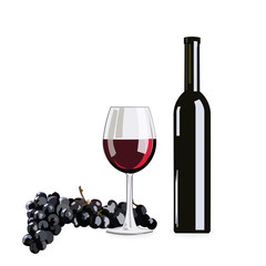 Bottle and Glass of Red wine with grapes isolated on white background Vector