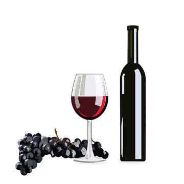 Bottle and Glass of Red wine with grapes isolated on white background Vector