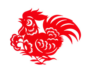 red flat paper-cut on white as a symbol of Chinese New Year of the Rooster 2017