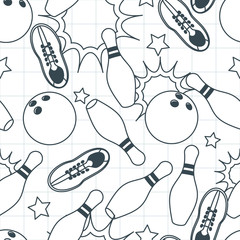 Bowling vector seamless pattern. Hand drawn doodle design elements on notebook sheet of paper. Bowling ball, pins and shoes illustration. Concept for fashion textile print, wrapping, web background.