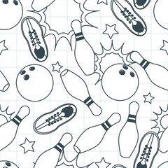 Naklejka premium Bowling vector seamless pattern. Hand drawn doodle design elements on notebook sheet of paper. Bowling ball, pins and shoes illustration. Concept for fashion textile print, wrapping, web background.