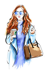 Cute sketch girl with accessories. Fashion lady in sunglasses. Vector illustration.