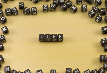The word life on wood background