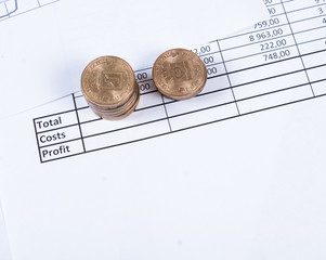 Coins lie on the sales charts. Business background