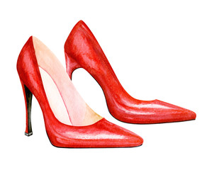 High heel red shoes. Sexy woman accessory. Watercolor illustration