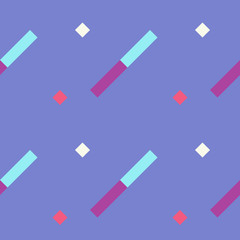 Seamless geometric stripy pattern. Texture of diagonal strips. White, yellow, pink rectangles and squares on blue background. Baby, children colored. Vector
