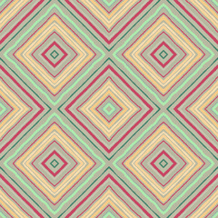 Striped diagonal rectangle seamless pattern. Square rhombus lines with torn paper effect. Ethnic background. Yellow, pink, rosy, blue, white colors. Vector