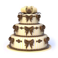 Three floors yellow cake with ribbon bows. 3D