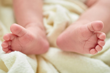 Newborn baby feet on a white towel