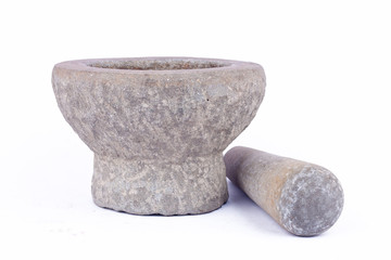 old granite stone mortar and pestle are Thai cooking tool on white background food isolated 
