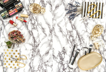 Fashion accessories, cosmetics, flowers. Flat lay for feminine website, blogger, social media