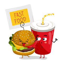 Cute take away glass with straw and burger cartoon character isolated on white background vector illustration. Funny fast food emoticon face icon. Happy smile cartoon face, comical cola and burger