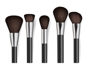 Realistic cosmetics brush set isolated on white background vector illustration. Facial makeup tools collection. Various fashion and beauty professional brush, decorative cosmetics concealer powder