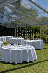 Decorated celebrating event table on sunny day outdoors background