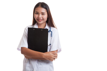 Asian young female doctor smile with a clipboard.