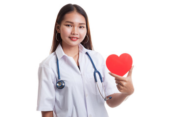 Young Asian female doctor with red heart.