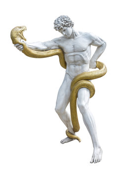Statue of Heracles fighting with a giant snake isolated on white