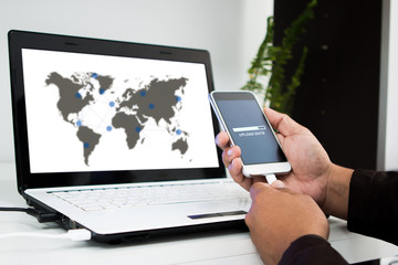 businessman using smartphone upload data to online store Documen