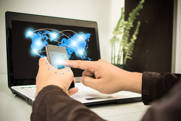 businessman using smartphone upload data to online store Documen