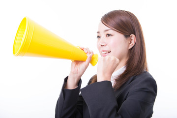 Business woman clenched fist and holding megaphone