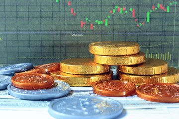 Golden coin, ship and dollar with candlestick of stock chart background. Asset allocation concept.