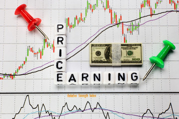 Price and Earning letter cube on candle stick chart background. Investment concept for P/E ratio.