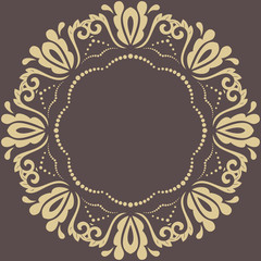Oriental round frame with arabesques and floral elements. Floral fine border. Greeting card with place for text. Brown and golden pattern