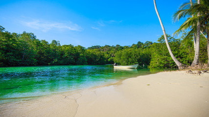 Boat on the beach. Vacation holidays background.  tropical beach